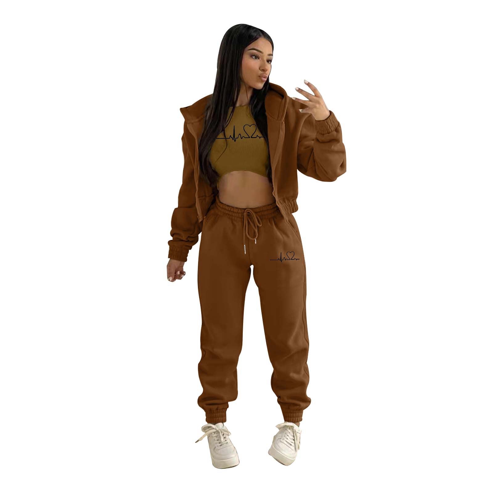 European And American Fashion Women's Wear Brushed Hoody Hooded Letter-print Casual Suit Three-piece Set
