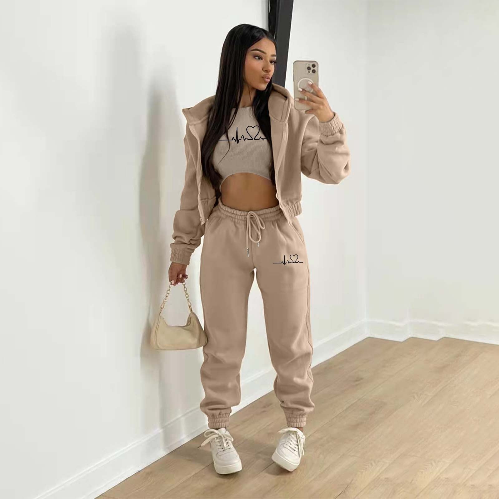European And American Fashion Women's Wear Brushed Hoody Hooded Letter-print Casual Suit Three-piece Set