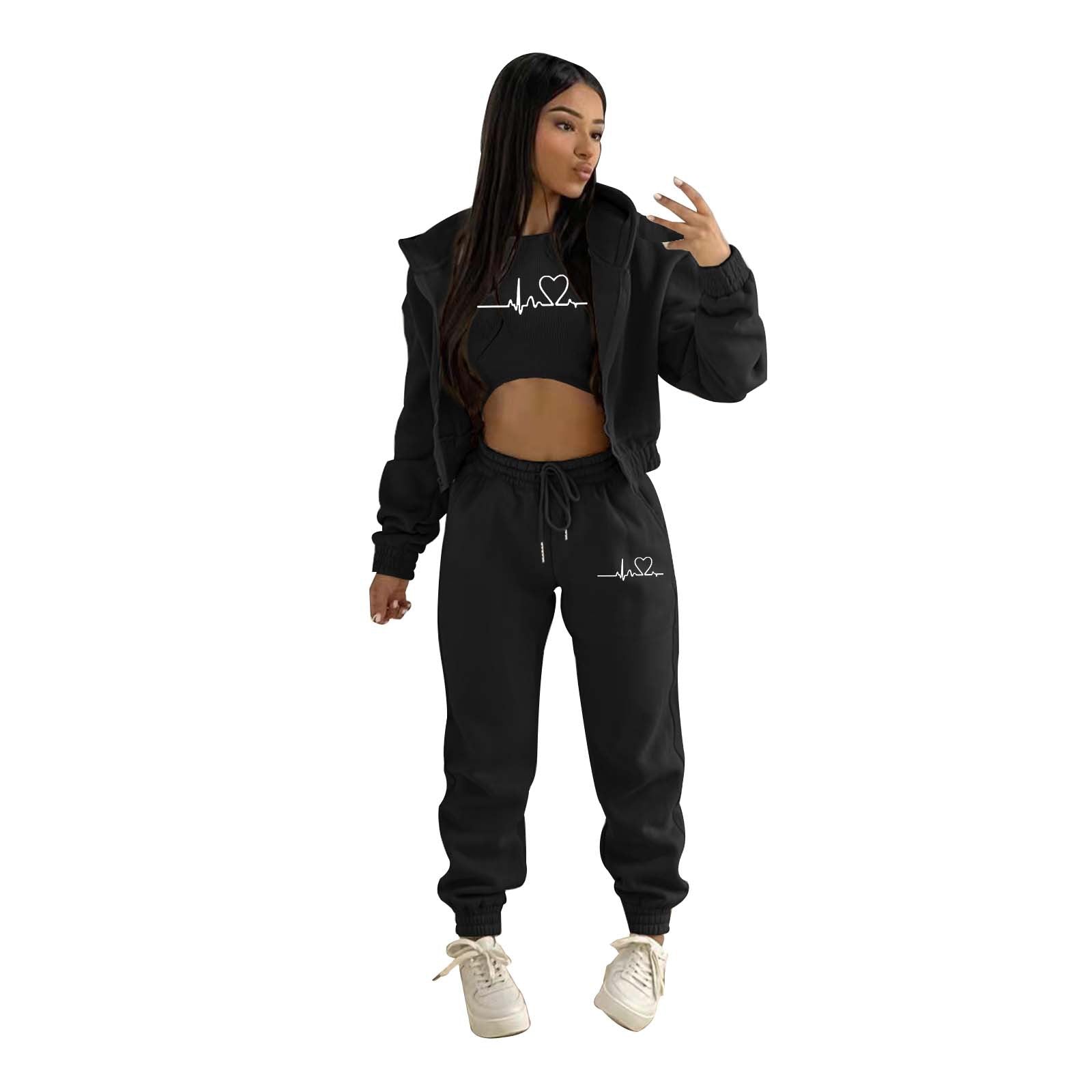 European And American Fashion Women's Wear Brushed Hoody Hooded Letter-print Casual Suit Three-piece Set