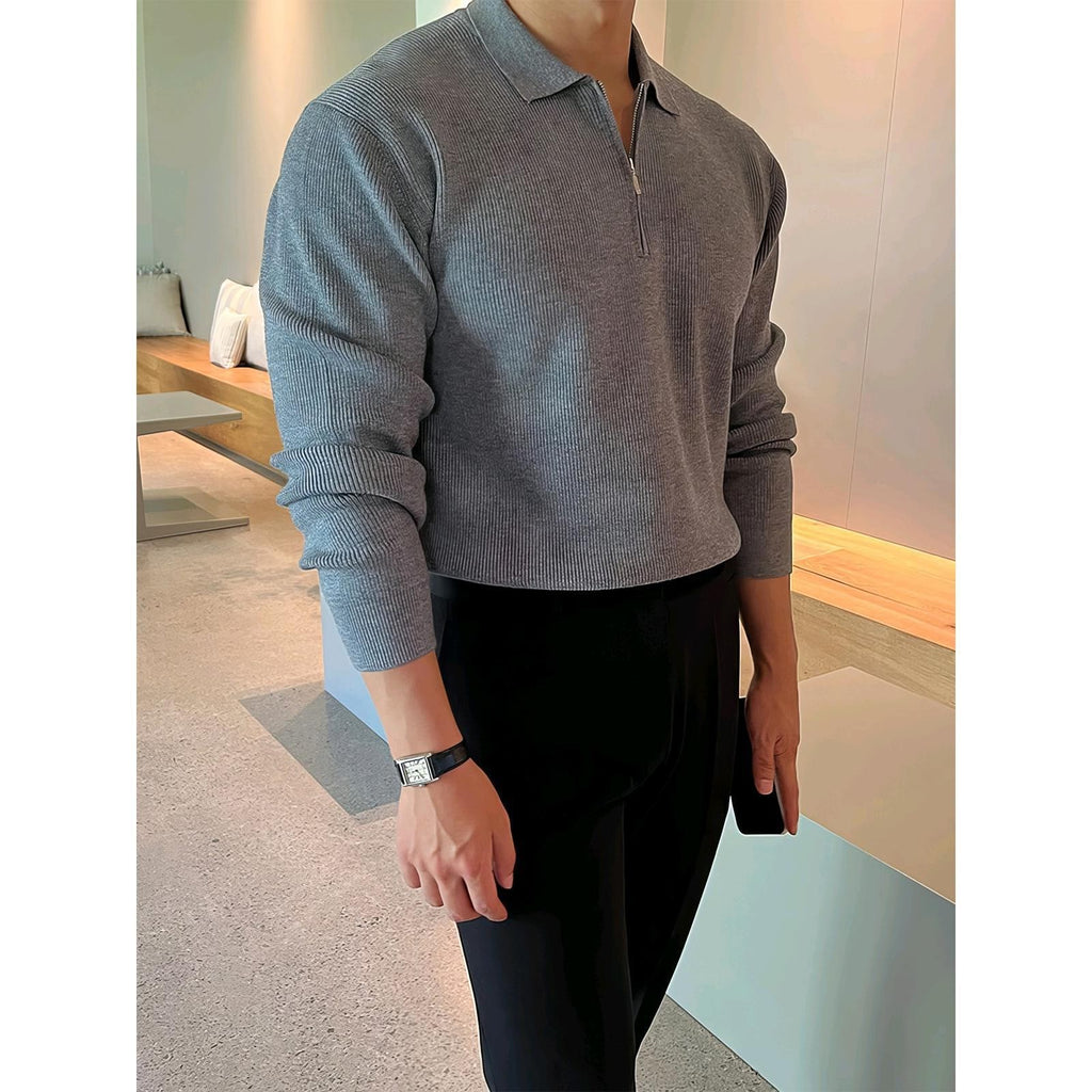 Gray Long-sleeved Knitted POLO Shirt For Men In Autumn