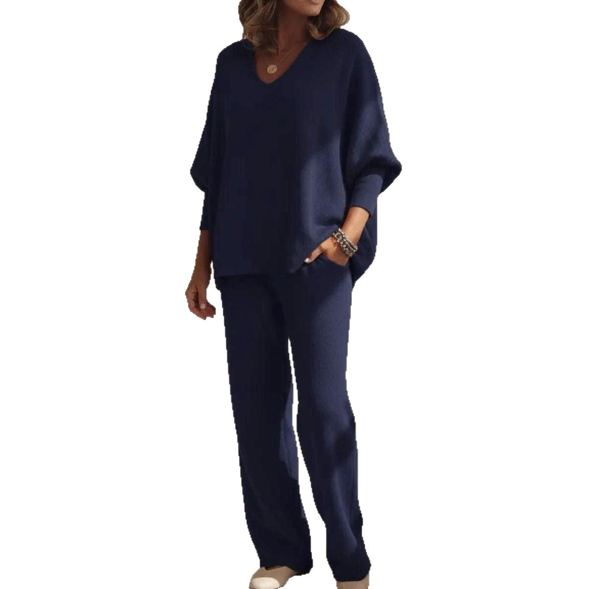 V-neck Long-sleeved Top Knitted Home Pants Suit 2-piece Set