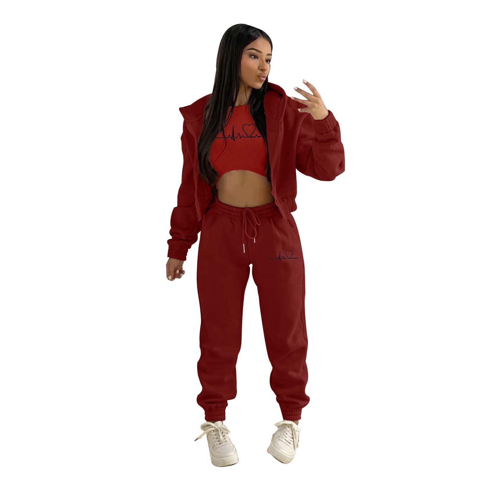 European And American Fashion Women's Wear Brushed Hoody Hooded Letter-print Casual Suit Three-piece Set