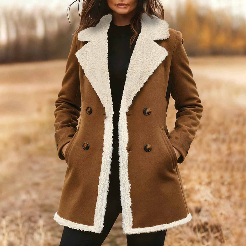 Women's Suede-Look Trench Coat, Classic Notch Lapel Double-Breasted Jacket With Pockets And Plush Lining