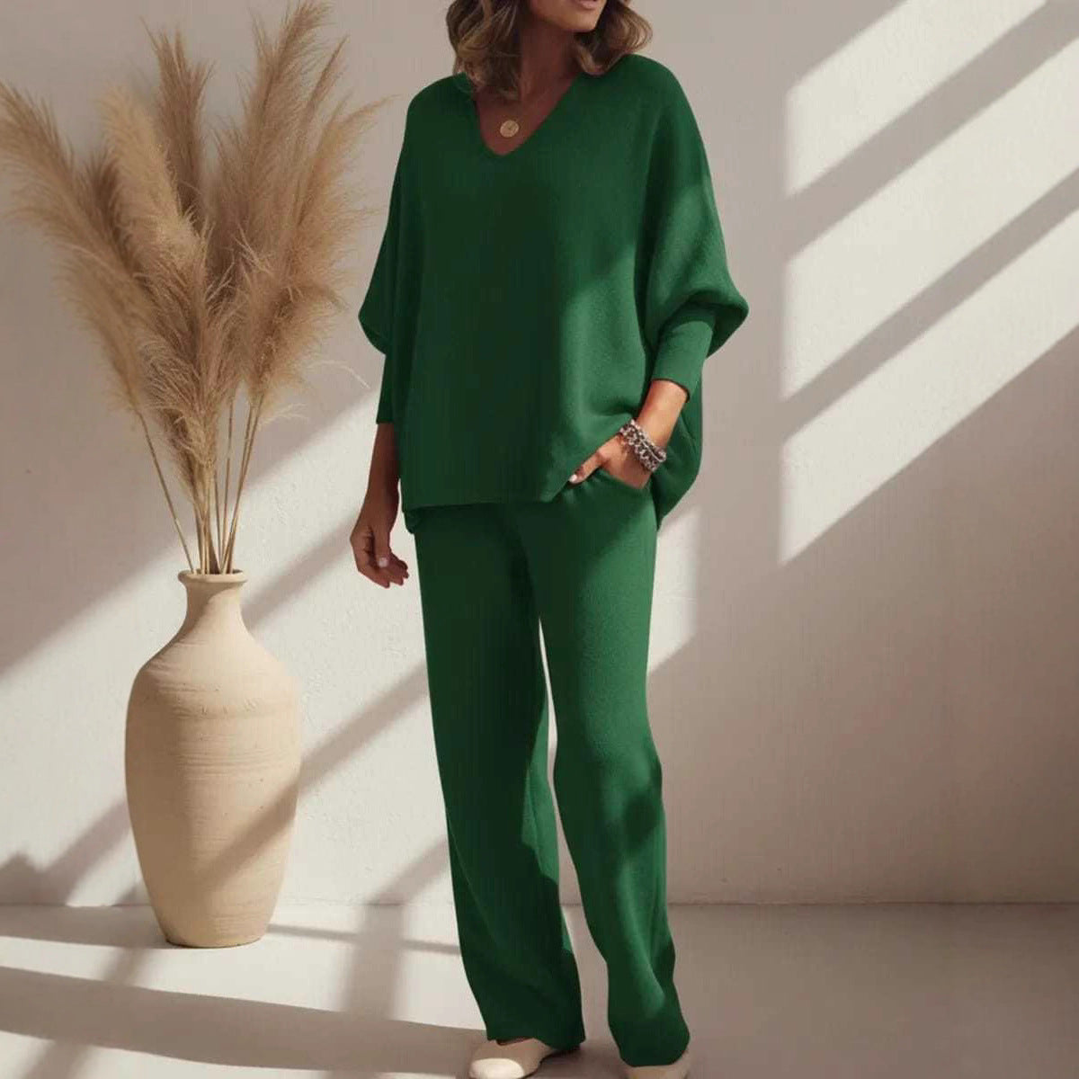 V-neck Long-sleeved Top Knitted Home Pants Suit 2-piece Set