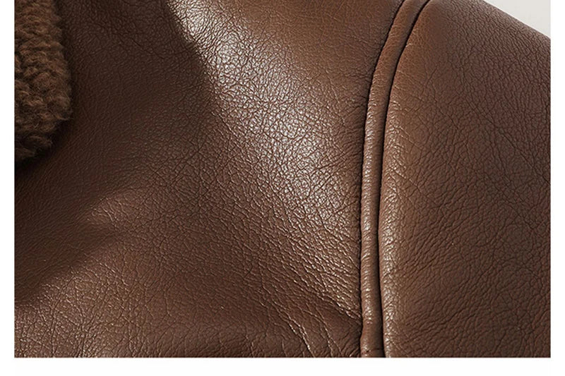 Schinteon Men Suede Leather Jacket Autumn Winter Warm Thick Casual Outwear Faux Lamb Wool Fur Solid Color Turn-down Collar Coat