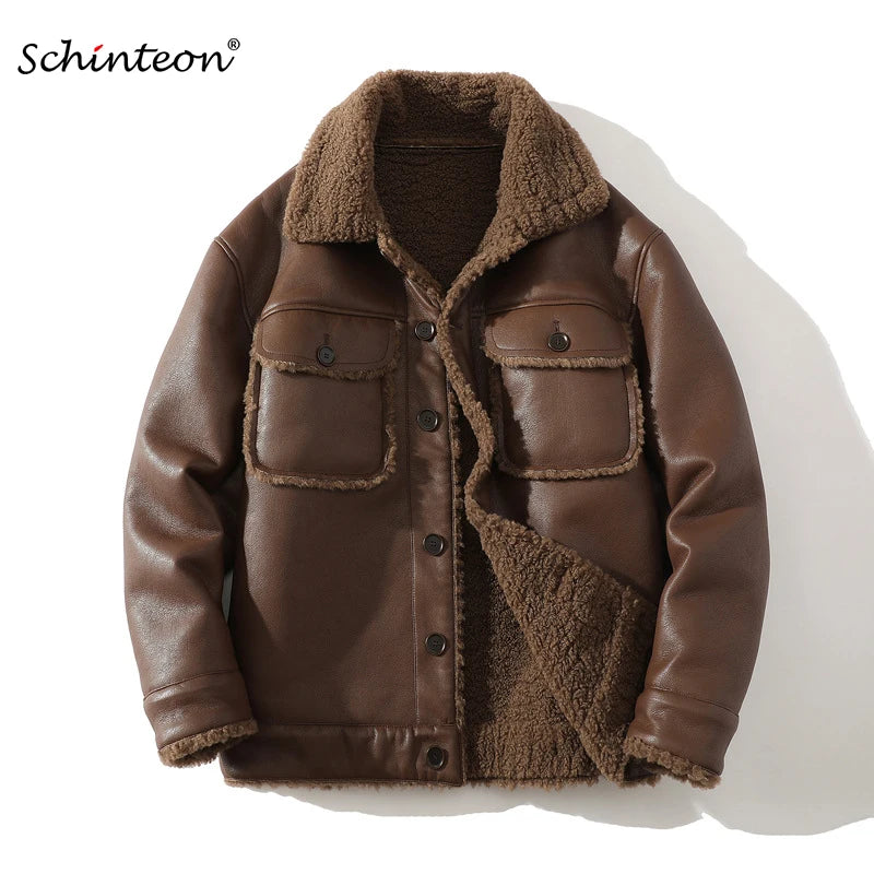 Schinteon Men Suede Leather Jacket Autumn Winter Warm Thick Casual Outwear Faux Lamb Wool Fur Solid Color Turn-down Collar Coat
