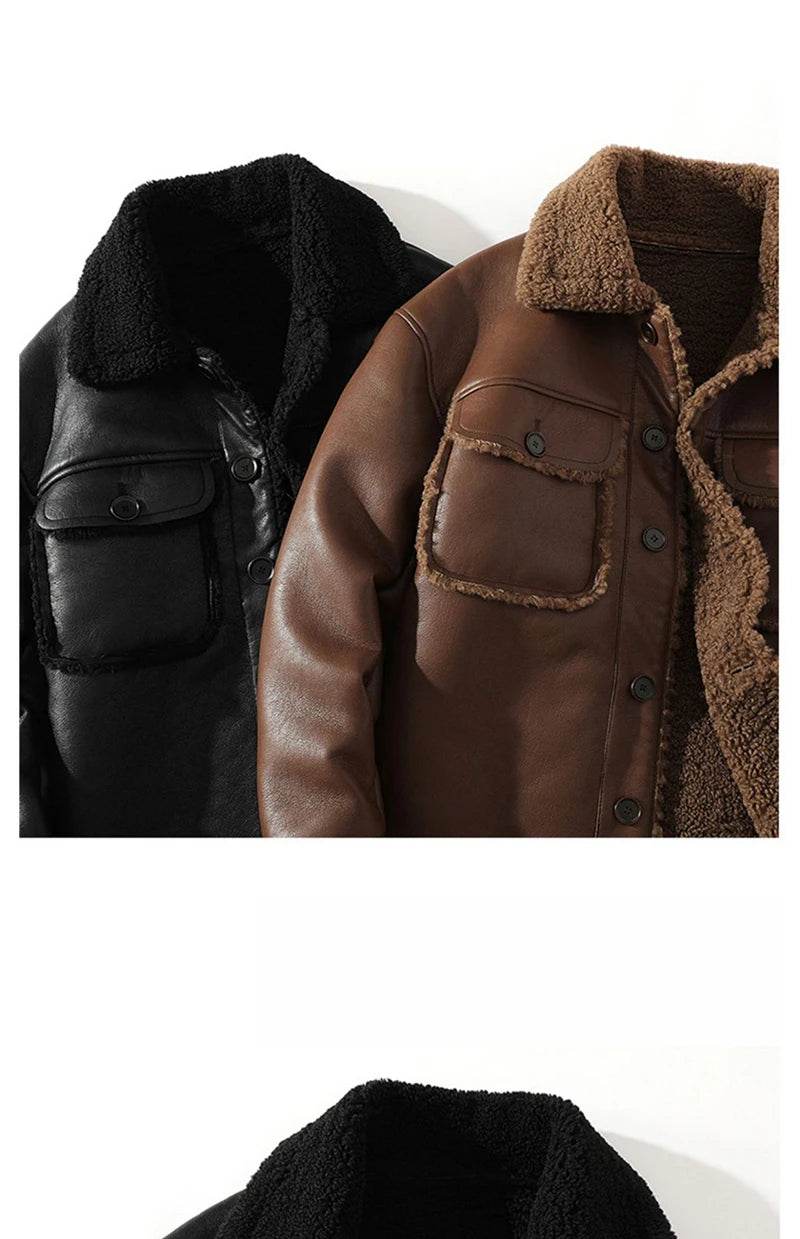 Schinteon Men Suede Leather Jacket Autumn Winter Warm Thick Casual Outwear Faux Lamb Wool Fur Solid Color Turn-down Collar Coat