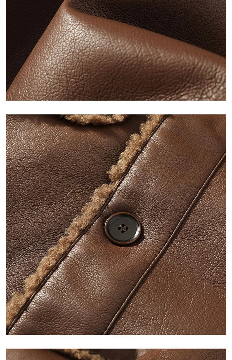 Schinteon Men Suede Leather Jacket Autumn Winter Warm Thick Casual Outwear Faux Lamb Wool Fur Solid Color Turn-down Collar Coat