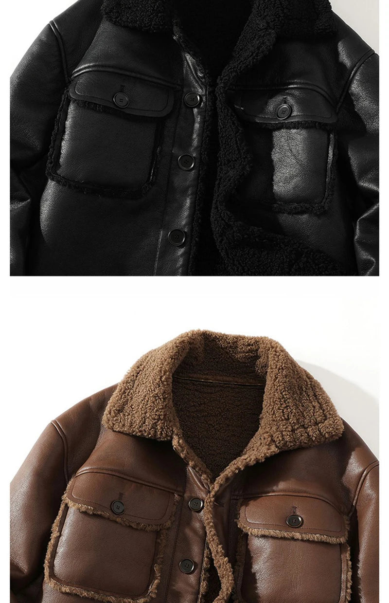 Schinteon Men Suede Leather Jacket Autumn Winter Warm Thick Casual Outwear Faux Lamb Wool Fur Solid Color Turn-down Collar Coat