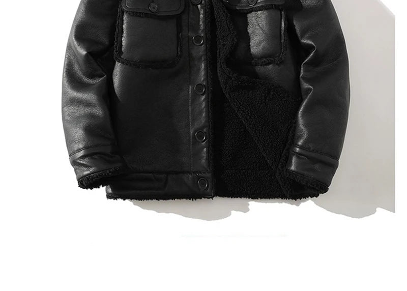 Schinteon Men Suede Leather Jacket Autumn Winter Warm Thick Casual Outwear Faux Lamb Wool Fur Solid Color Turn-down Collar Coat