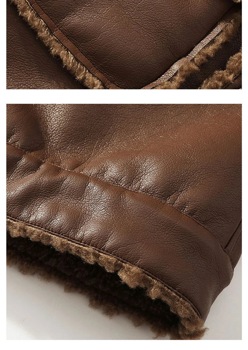 Schinteon Men Suede Leather Jacket Autumn Winter Warm Thick Casual Outwear Faux Lamb Wool Fur Solid Color Turn-down Collar Coat