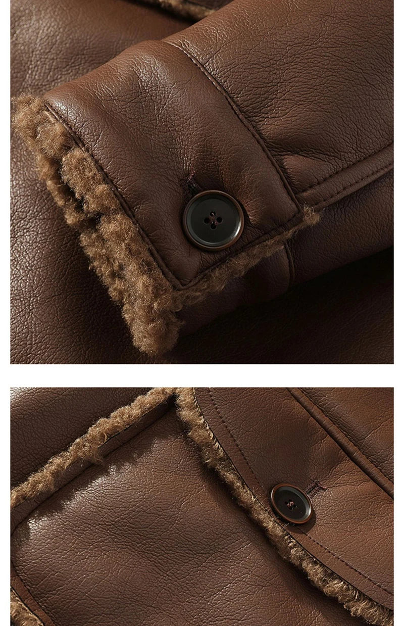 Schinteon Men Suede Leather Jacket Autumn Winter Warm Thick Casual Outwear Faux Lamb Wool Fur Solid Color Turn-down Collar Coat
