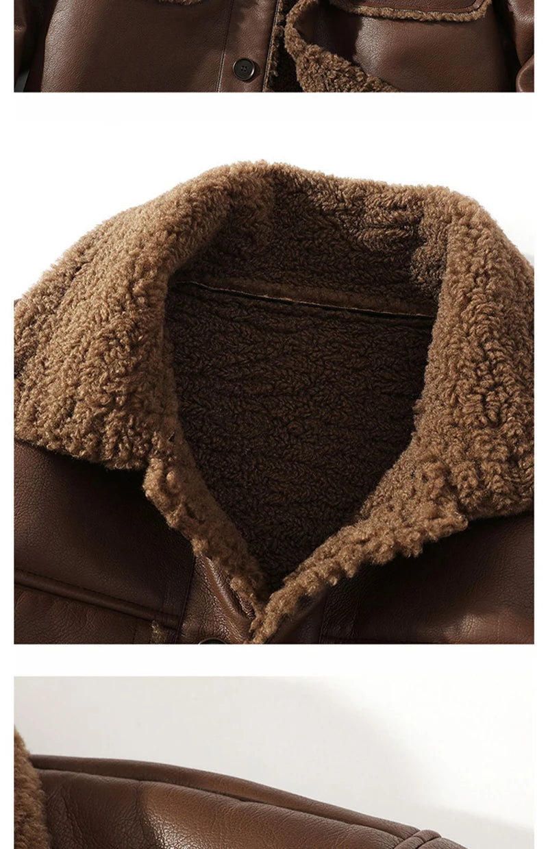 Schinteon Men Suede Leather Jacket Autumn Winter Warm Thick Casual Outwear Faux Lamb Wool Fur Solid Color Turn-down Collar Coat