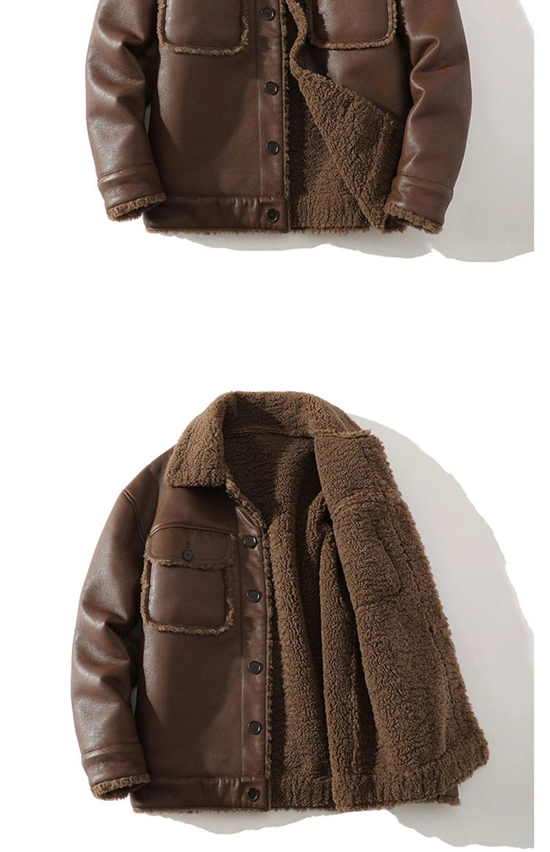 Schinteon Men Suede Leather Jacket Autumn Winter Warm Thick Casual Outwear Faux Lamb Wool Fur Solid Color Turn-down Collar Coat