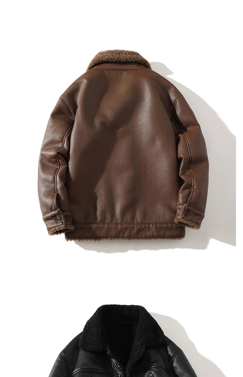 Schinteon Men Suede Leather Jacket Autumn Winter Warm Thick Casual Outwear Faux Lamb Wool Fur Solid Color Turn-down Collar Coat