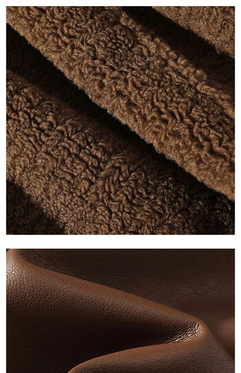 Schinteon Men Suede Leather Jacket Autumn Winter Warm Thick Casual Outwear Faux Lamb Wool Fur Solid Color Turn-down Collar Coat