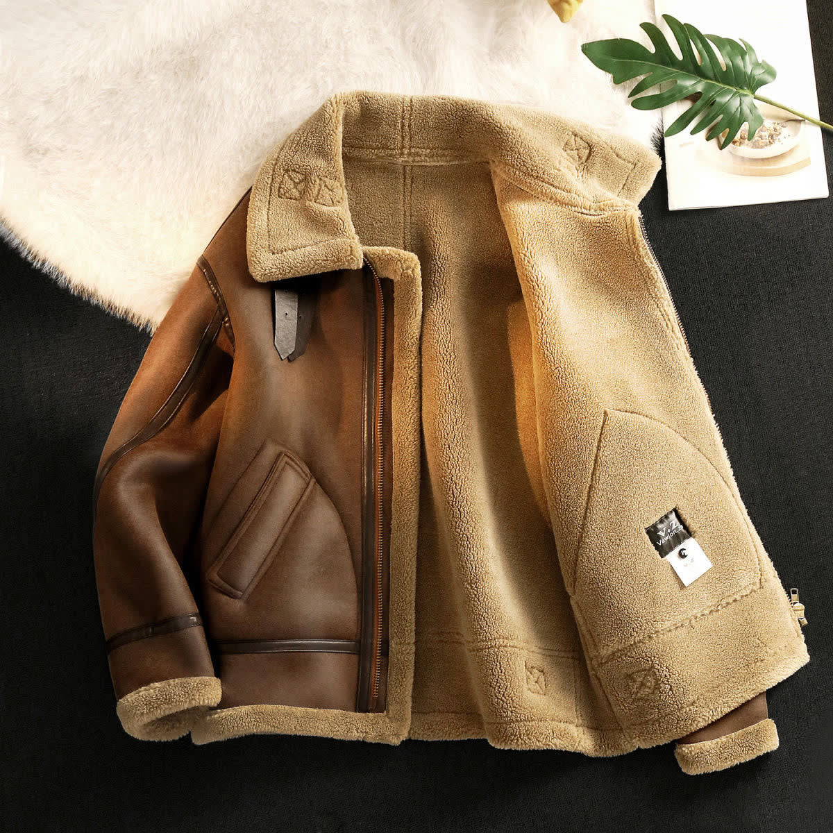 Men's Winter Fleece-Lined Thickened Kamela PU Leather Lamb Wool Integrated Cotton Jacket