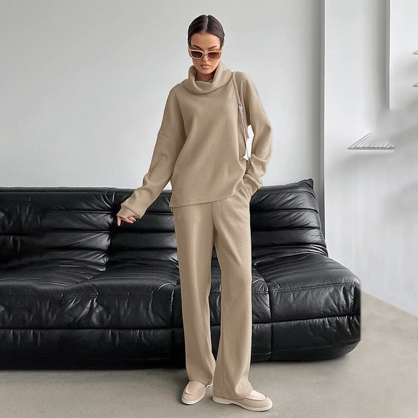 Autumn And Winter Khaki Turtleneck Knitted Sweater Suit