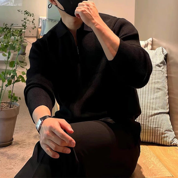 Gray Long-sleeved Knitted POLO Shirt For Men In Autumn