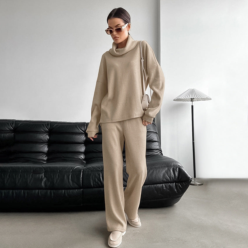 Autumn And Winter Khaki Turtleneck Knitted Sweater Suit