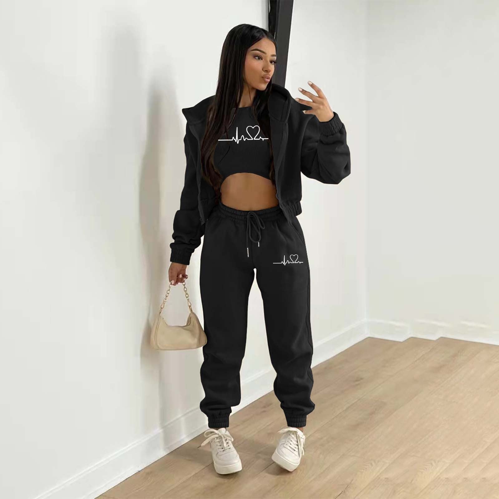 European And American Fashion Women's Wear Brushed Hoody Hooded Letter-print Casual Suit Three-piece Set