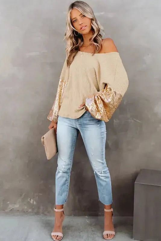Sequin Sleeve Open Back Waffle Knit Top