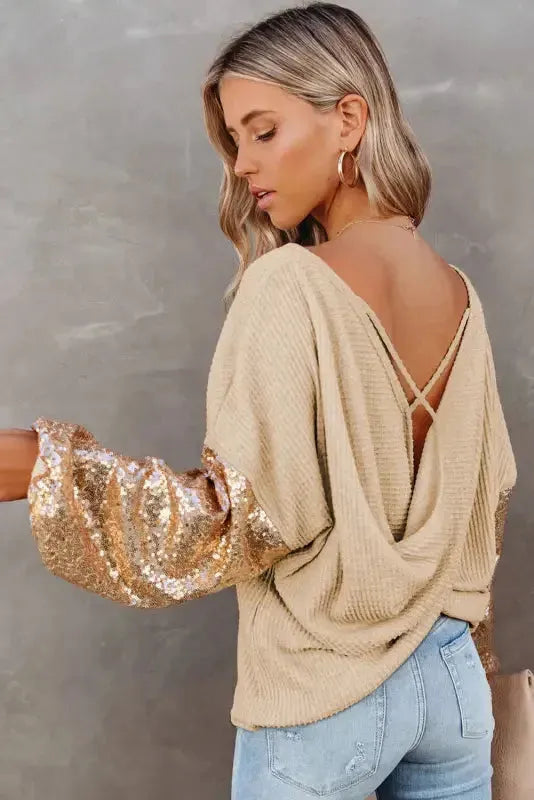 Sequin Sleeve Open Back Waffle Knit Top