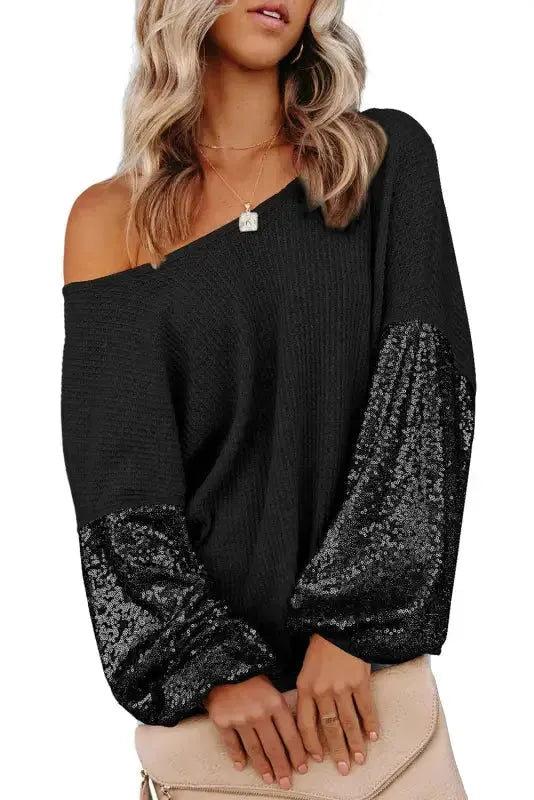 Sequin Sleeve Open Back Waffle Knit Top - Black