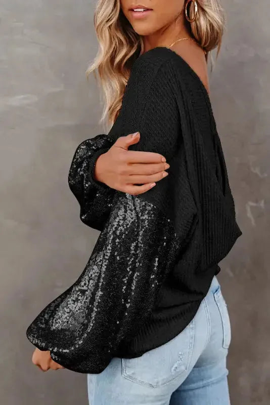 Sequin Sleeve Open Back Waffle Knit Top - Black