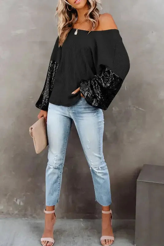 Sequin Sleeve Open Back Waffle Knit Top - Black